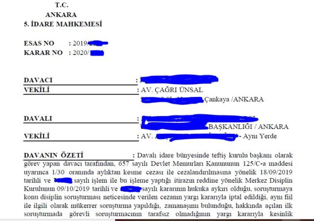 Teftiş Kurulu Başkanı Olan Müvekkilimize Uygulanan Disiplin Cezası Yargı Kararıyla İptal Edildi